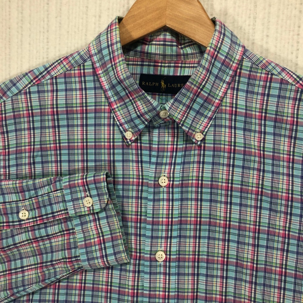 Ralph Lauren Button Down Shirt Plaid Blue Pink Green Long‎ Sleeve Mens Size L